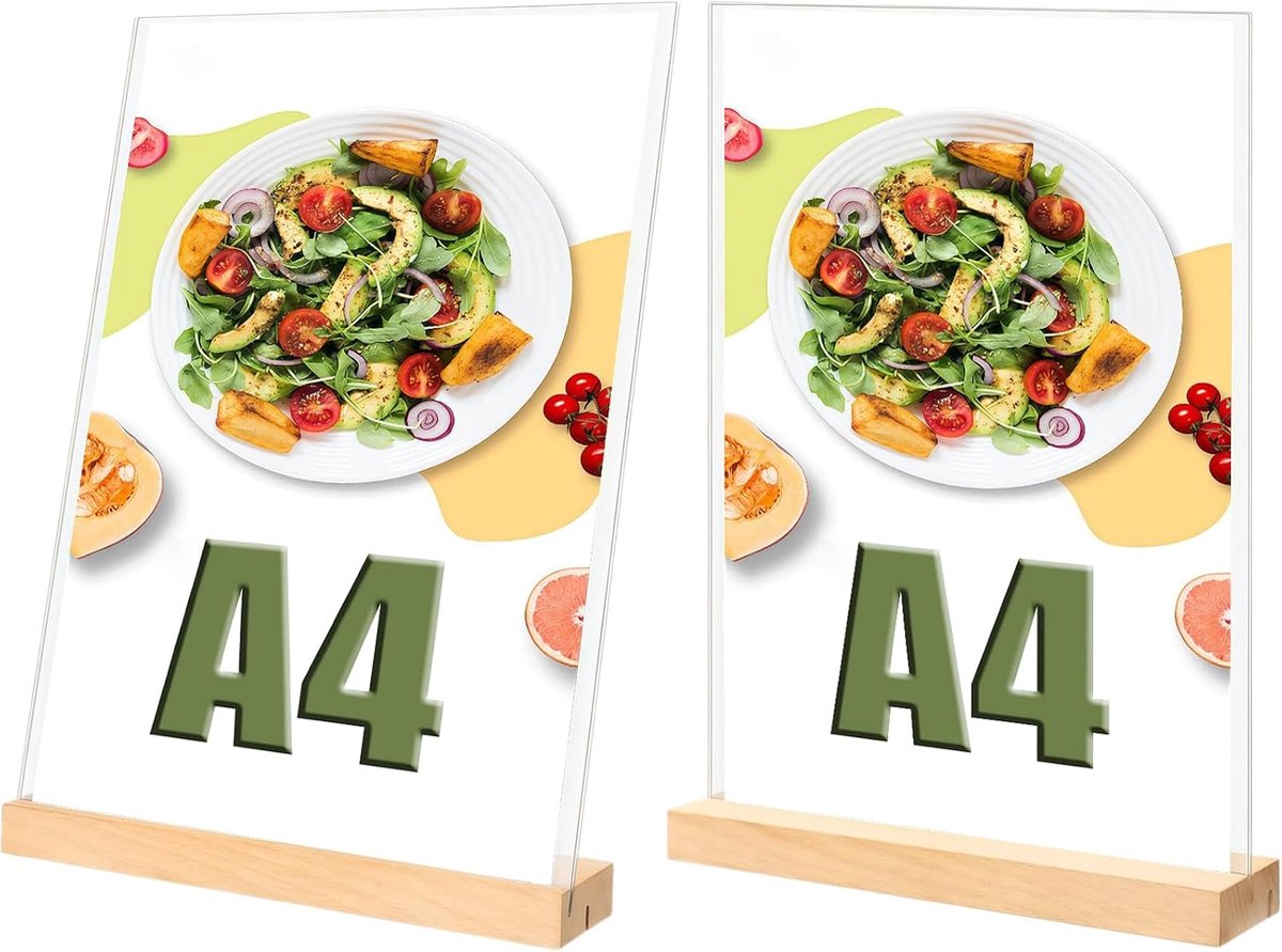A4 tafelstandaard 21 x 29,7 cm - acryl met houten voet - stevig en transparant - ideaal voor menukaarten en reclame - ShopVlot