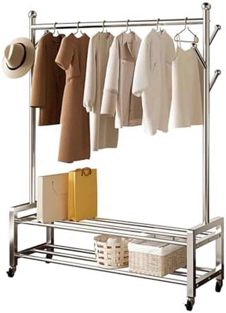 Kledingrek Verrijdbaar - Kledingstandaard Garderobe - Kleding Opbergen - Roestvrij Staal - 90 cm Hoogte - Zilver