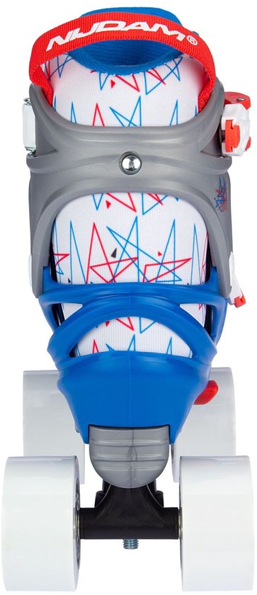 Blauwe rolschaats met witte zool, bandjes en geometrisch patroon.