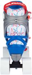 Blauwe rolschaats met witte zool, bandjes en geometrisch patroon.
