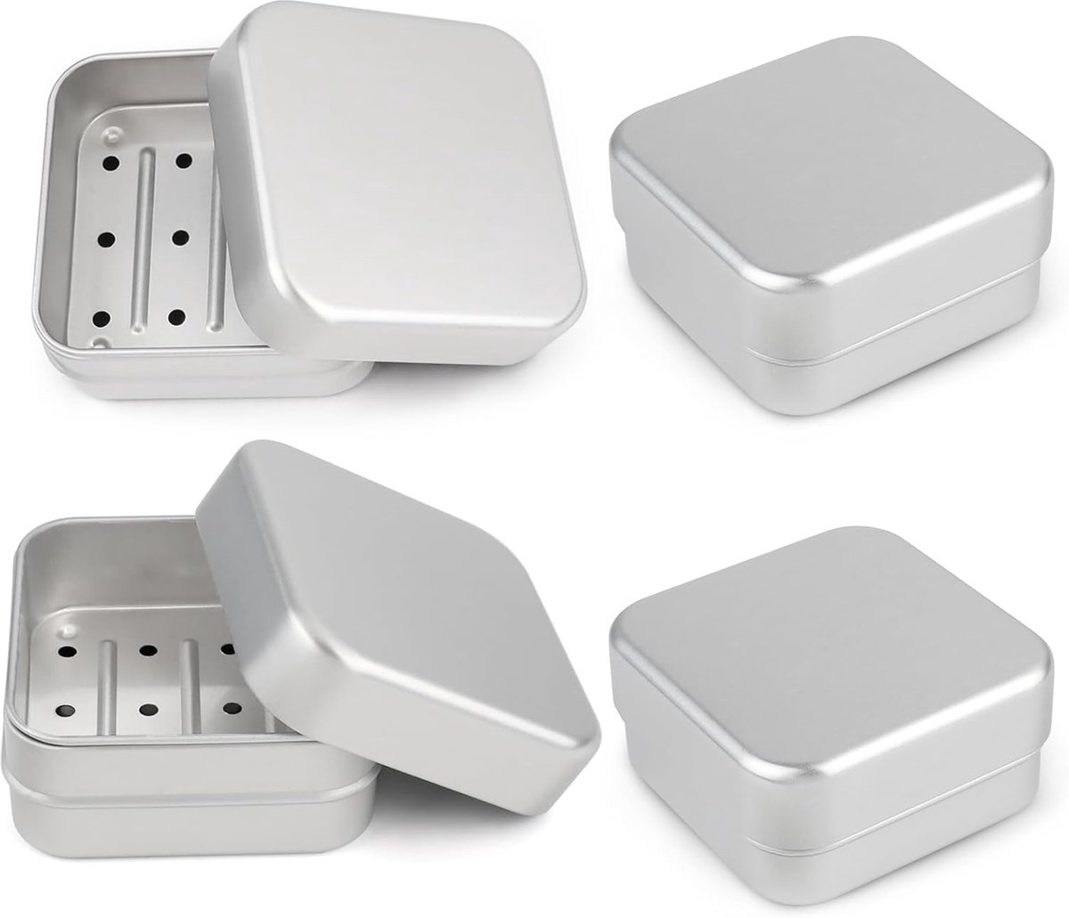 Zeepdoosje aluminium 4 stuks - Lekvrij en compact - Met afvoerrooster - Ideaal voor onderweg - ShopVlot