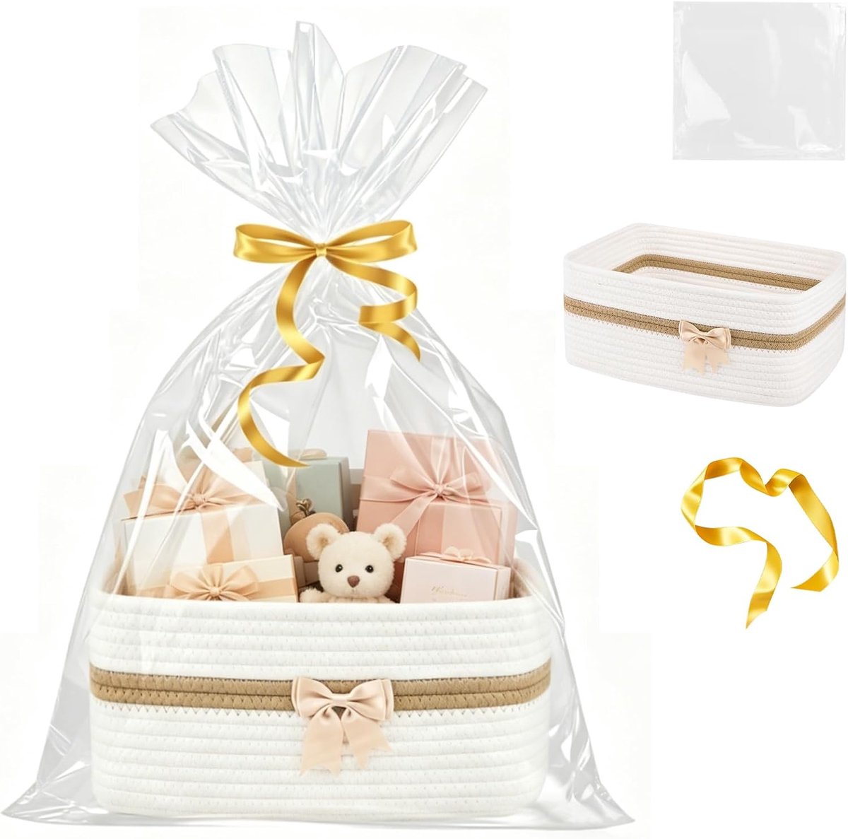 Geschenkmand groot - leeg gevlochten met handgrepen - inclusief cellofaanzakje en strik - ideaal voor verjaardagen - ShopVlot