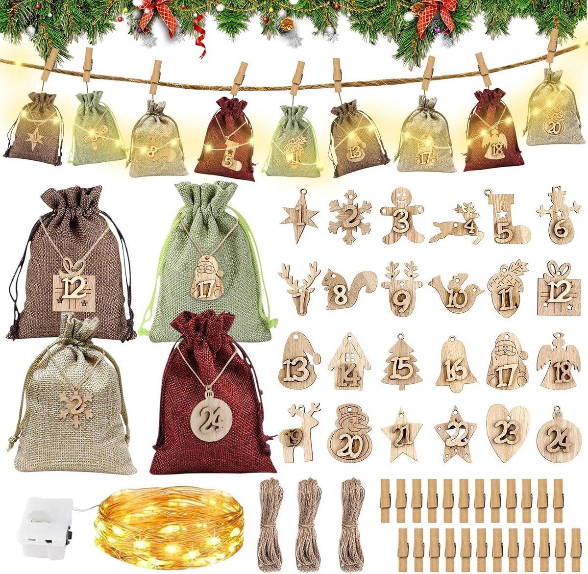 Adventskalender met 24 katoenen zakjes - inclusief kerstverlichting en houten cijfers - ShopVlot