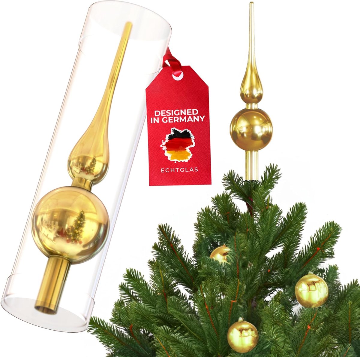 Kerstboomtopper 28 cm - glazen kerstboomtopper - goud glanzend - elegante afwerking - ShopVlot