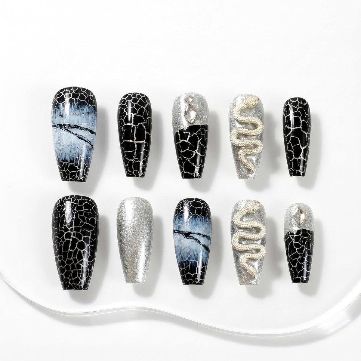 Press On Nails Coffin Ballerina - 3D Slangen Design - Handgemaakt - Perfect voor Slanke Nagels - ShopVlot