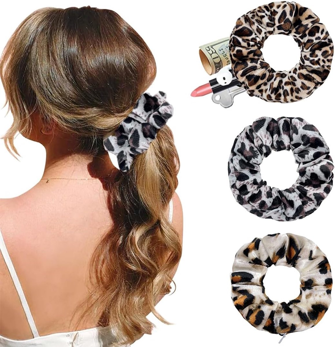 Velvet scrunchies set van 3 - luxe velours - met verborgen ritsvak - ideaal voor kleine spullen - ShopVlot
