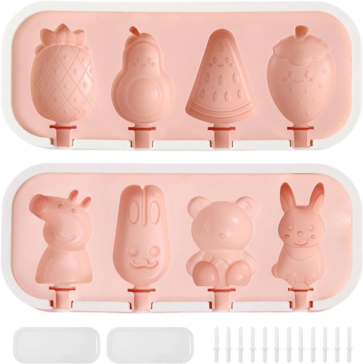 IJsvormen set 2 stuks - 8 vormen cartoon en fruit - met deksel - eenvoudig zelf ijs maken - ShopVlot