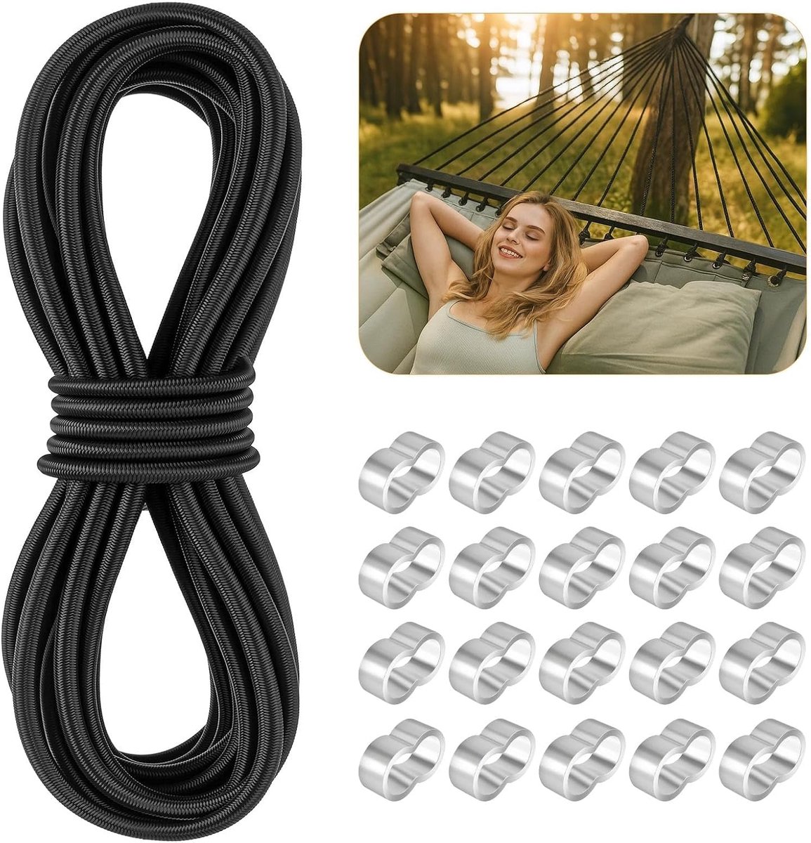 Rubberen koord 6 mm x 10 m - rubbber touw - inclusief 20 krimpringen - ideaal voor diverse klussen - ShopVlot