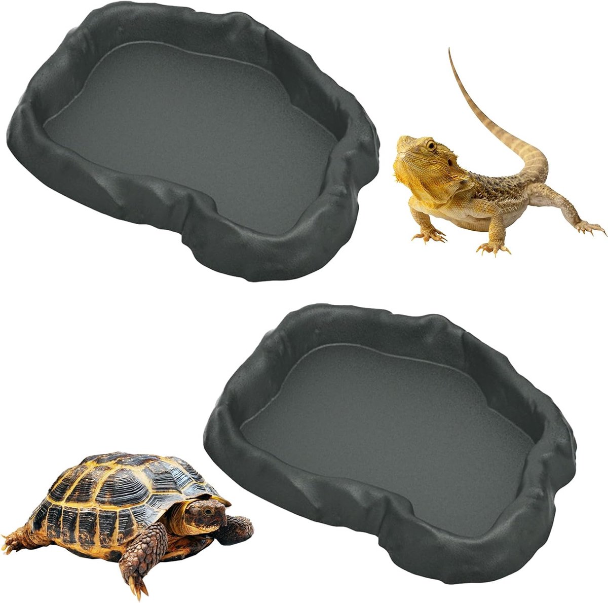Drinkbak voor schildpadden 2 stuks - rotsmotief - kunststof - antislip voor hydratatie - ShopVlot