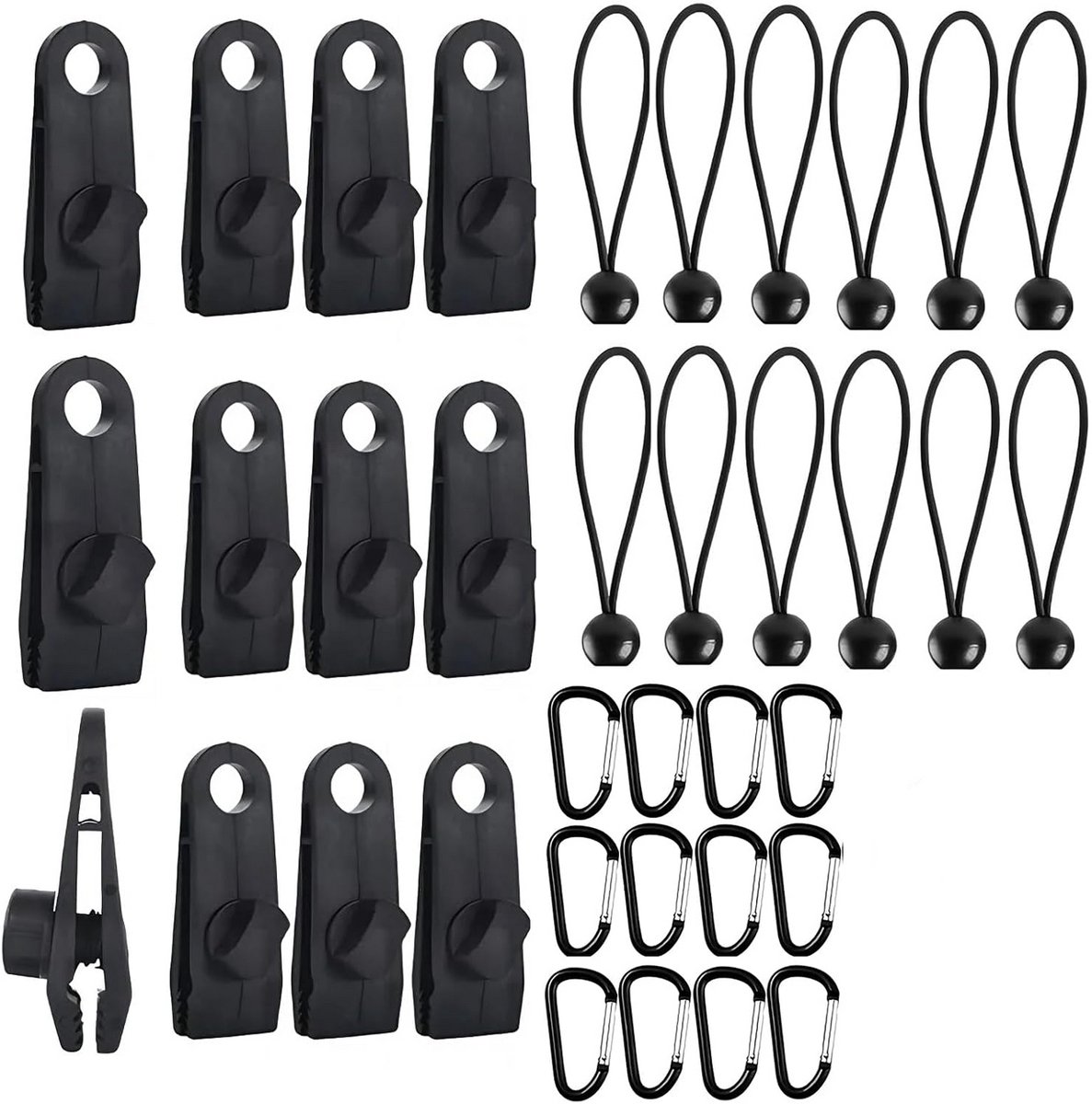 longziming - Tent Bevestigingsset - Spanband Set - Camping Accessoires - Waterdichte Tent Clips - Snelsluiting Karabiners - Plastic Winddichte Clips - Toolloze Montage Voor Veilige Outdoor Fixatie - 36 Delige All-In-One Set - Zwart