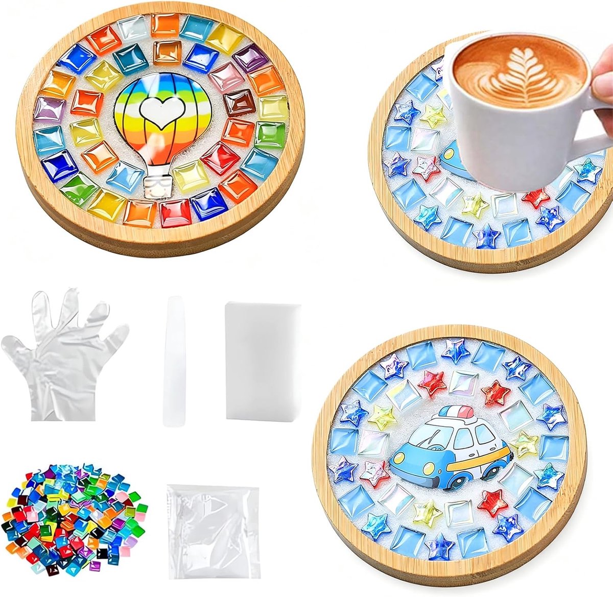 Mosaic coasters craft set - 2 stuks - rond - inclusief kleurrijke mozaïektegels - perfect voor ouder-kind activiteiten - ShopVlot