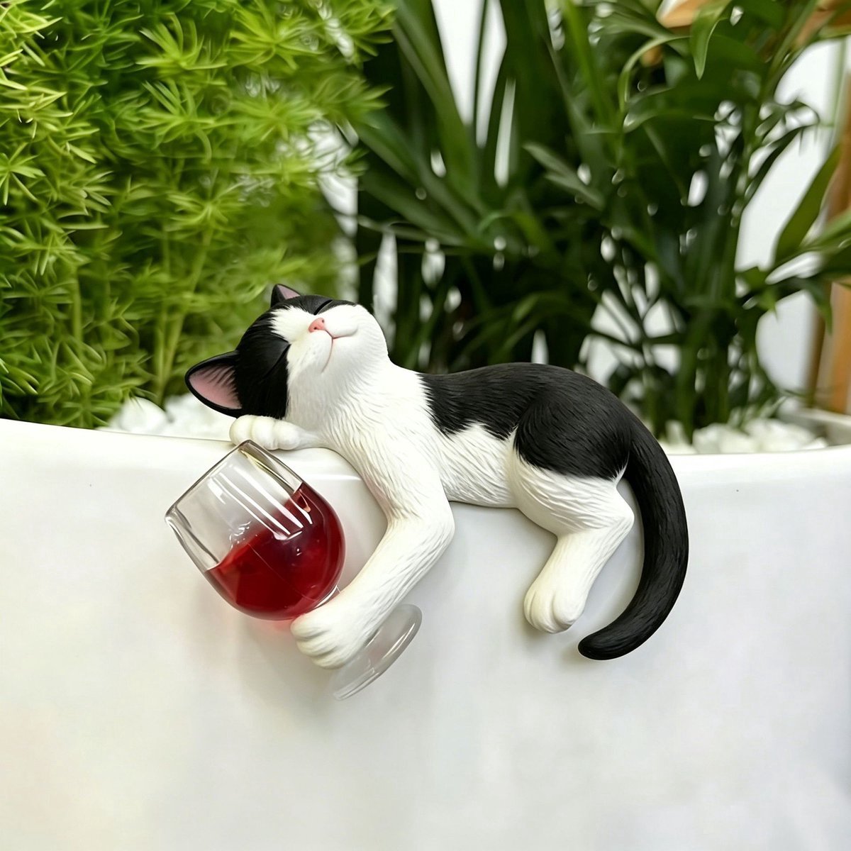 Casalora Tuinbeeldje Kat met Drankje - Decoratief Hars Kattenbeeld voor Tuindecoratie, Balkon en Binnen - 12 cm - Zwart-wit