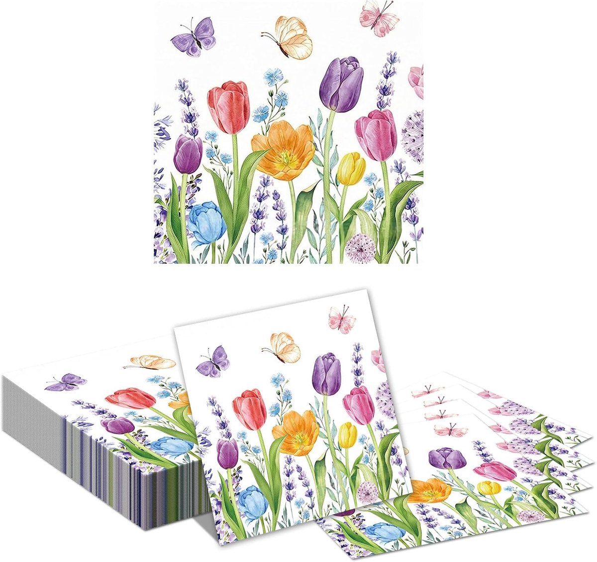 Papieren Servetten 40st - Watercolor Lente Bloemen - Tulpen en Vlinders - Perfect voor Tuinfeest - ShopVlot