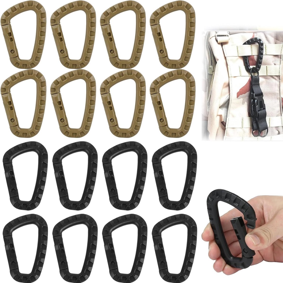 Carabiner set 16-delig - 8 khaki en 8 zwart - lichtgewicht en duurzaam - ideaal voor kamperen en wandelen - ShopVlot