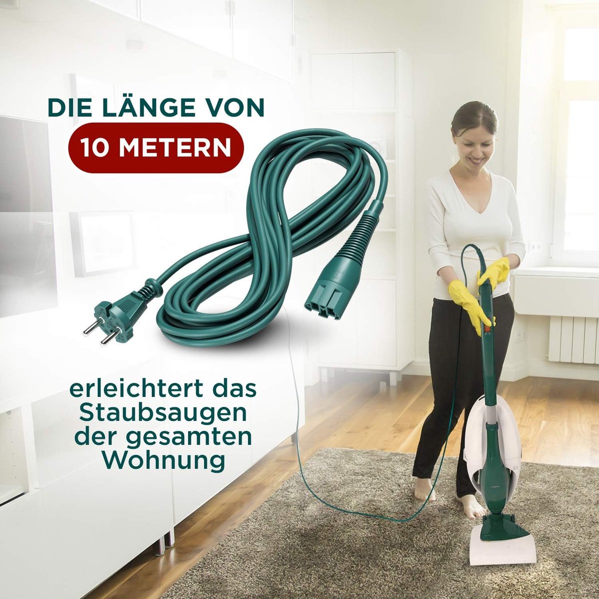 Verloopkabel 10m - Vervangingskabel voor Vorwerk Kobold VK130 VK131 - Ideaal voor stofzuiger gebruik - ShopVlot