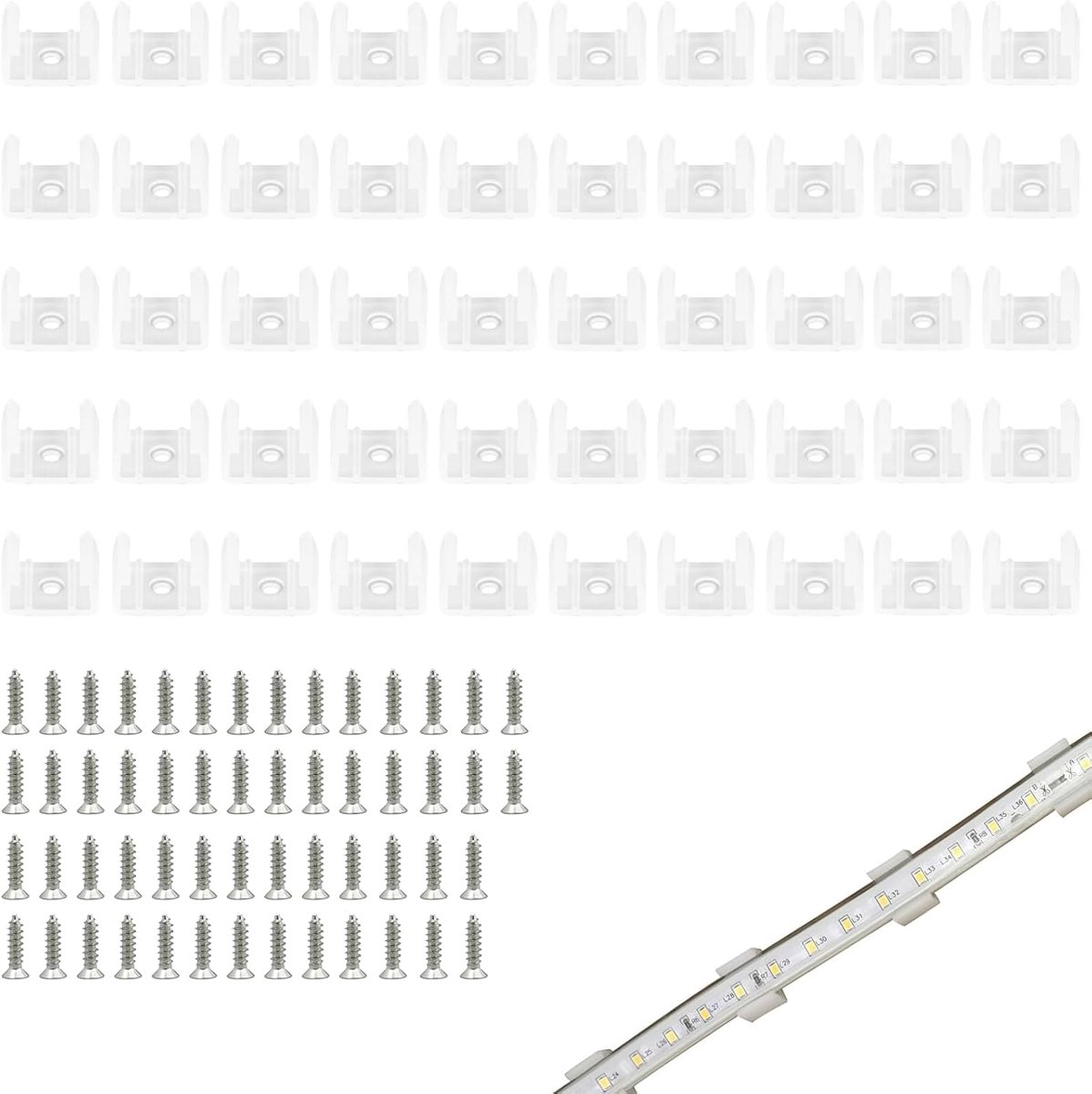 LED neon montageclips 50 stuks - transparant wit - inclusief schroeven - geschikt voor 12-14 mm LED strips - ShopVlot