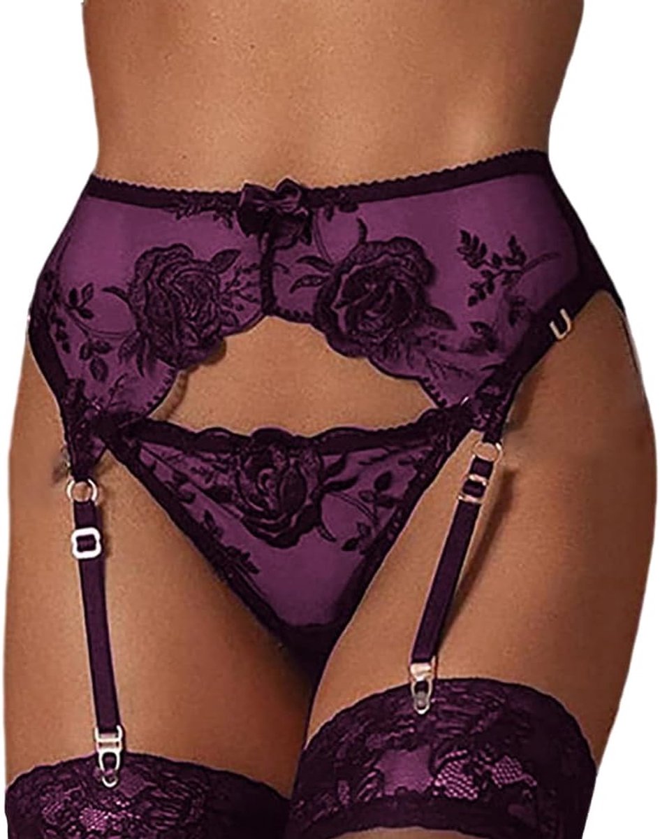 Kousenhouder voor dames, jarretelgordel, heuphouder, jarretels, lingerieset, breed ondergoed, jarretelkousen, sexy kant met 4 houders, verstelbare kousenbanden, kousenriem voor dames + G-string, lila, One size