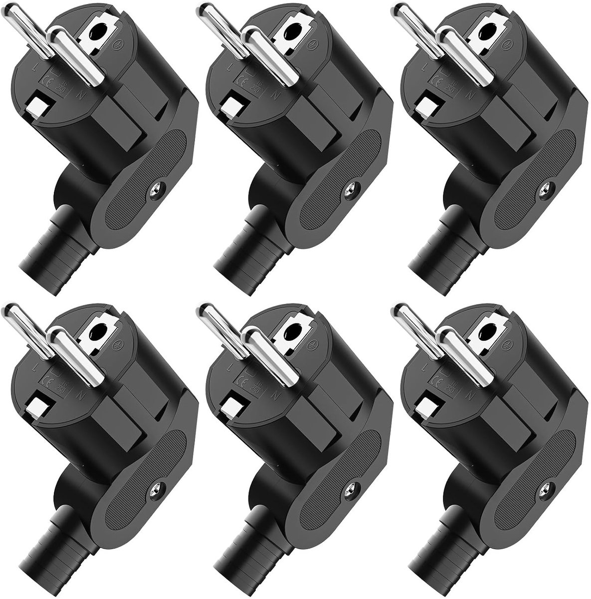 Hoekstekker, 6 stuks, hoekstekker, 230 V, platte netstekker, met knikbeschermkap, eurostekker voor kabels van 8 tot 10 mm, IP20, duurzaam en onbreekbaar, zwart