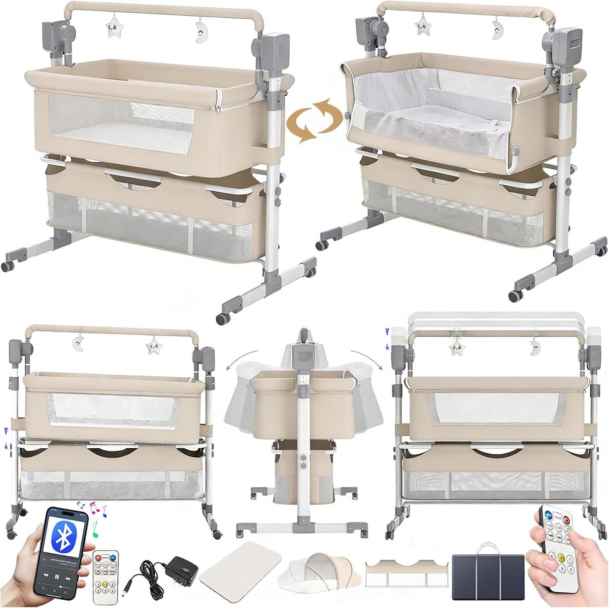 Bluetooth Smart Next to Me-wieg, opvouwbare converteerbare babybedwieg, co-slaapwiegje, baby bedwieg met muziek, afstandsbediening en 5 schommelstanden (601 beige)