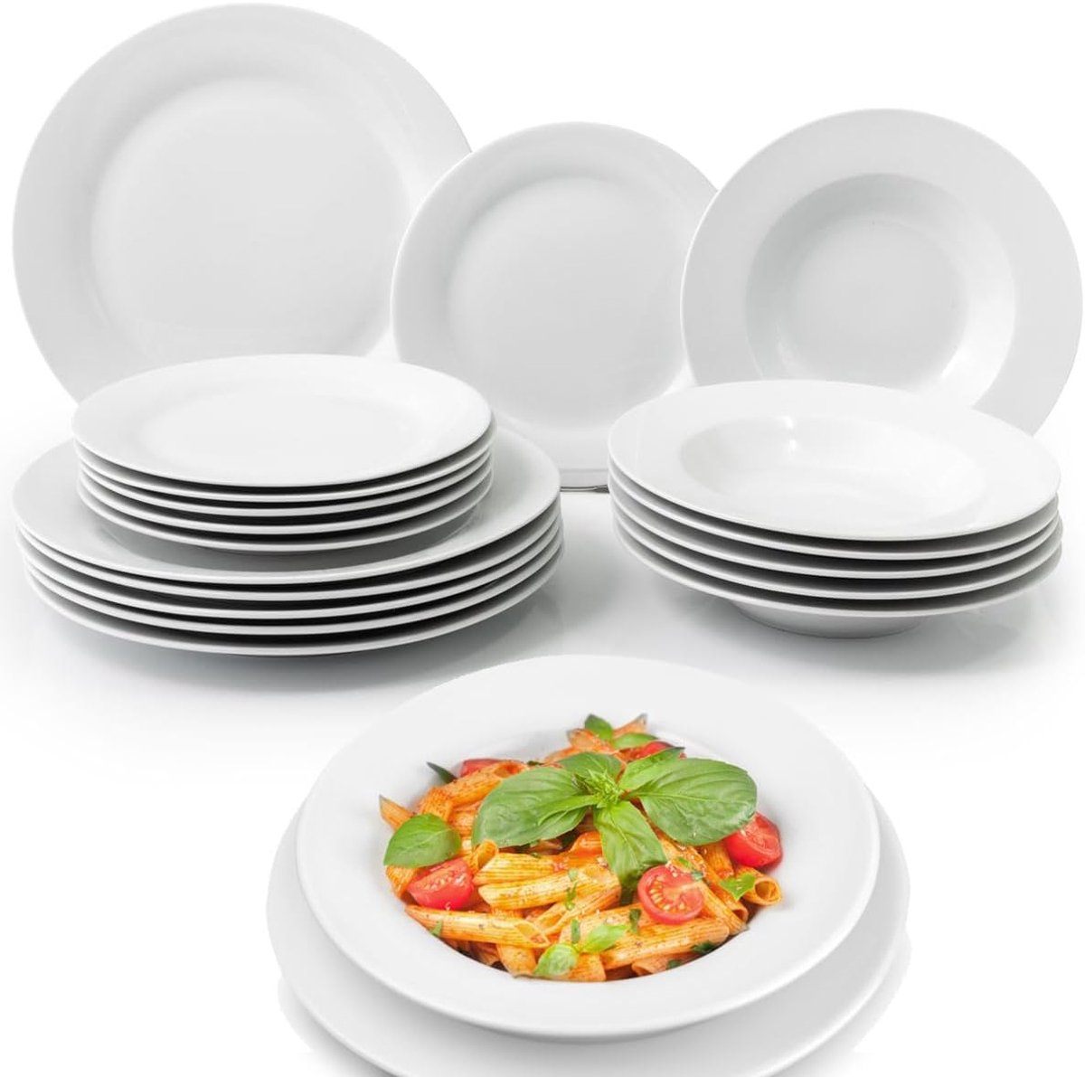 Dogan 18-delig porseleinen tafelservies voor 6 personen, set bestaande uit 6 platte borden, 6 diepe borden, 6 desserts en fruit, modern design (wit)
