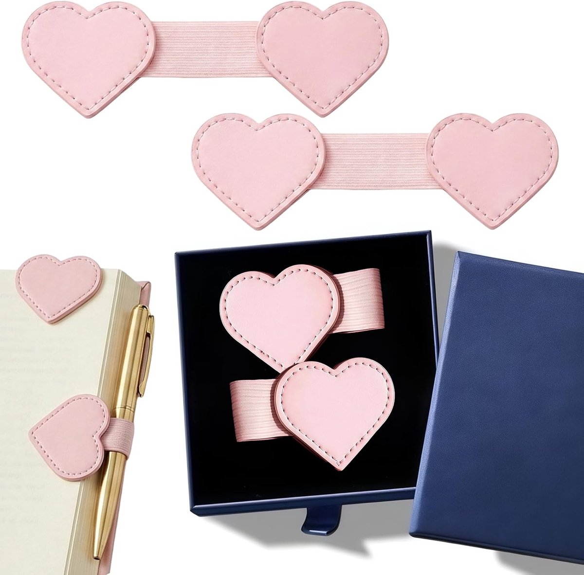 2 stuks magnetische lederen bladwijzers met pennhouder cadeauverpakking, hartvormige magneet bladwijzers voor boekenliefhebbers lezers, schattige bladwijzer voor vrouwen meisjes, roze