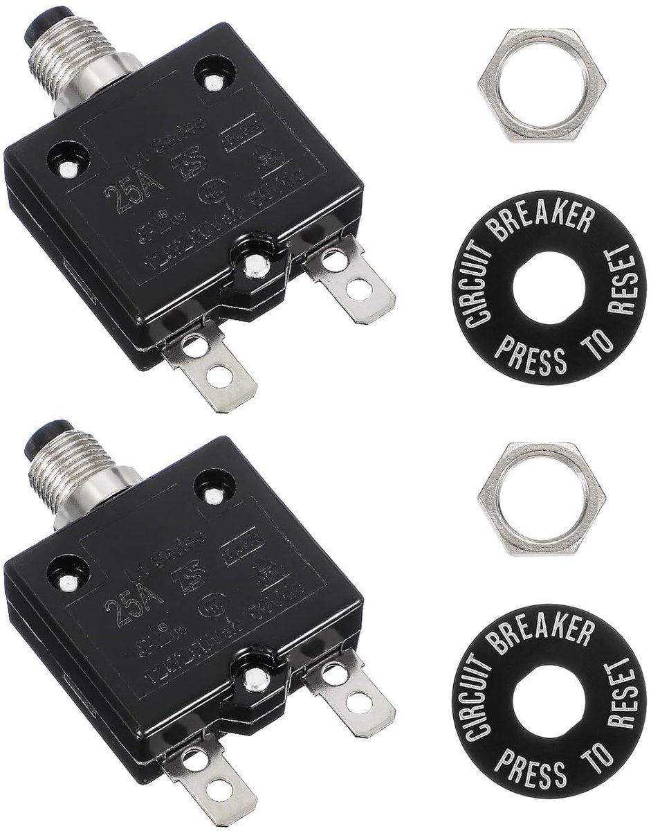 Thermoschakelaar met drukknop, 25 A, 125/250 V AC, 50 V DC, met handmatig herstel, overbelastingsbeveiliging, thermische schakelaar voor industriële auto's, 2 stuks