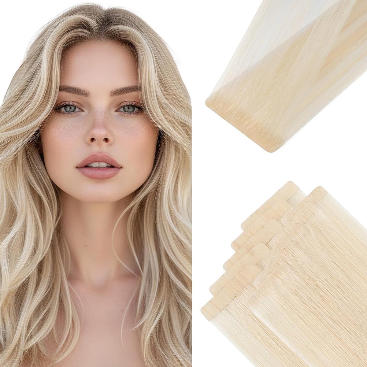 10 stuks Natuurlijke Haarverlengingen 25cm 5 stuks Onzichtbare & 5 stuks Klassieke Lijmstroken Echte Menselijke Haar Extensies Effen Balayage voor Vrouwen 20gg #613 Blond