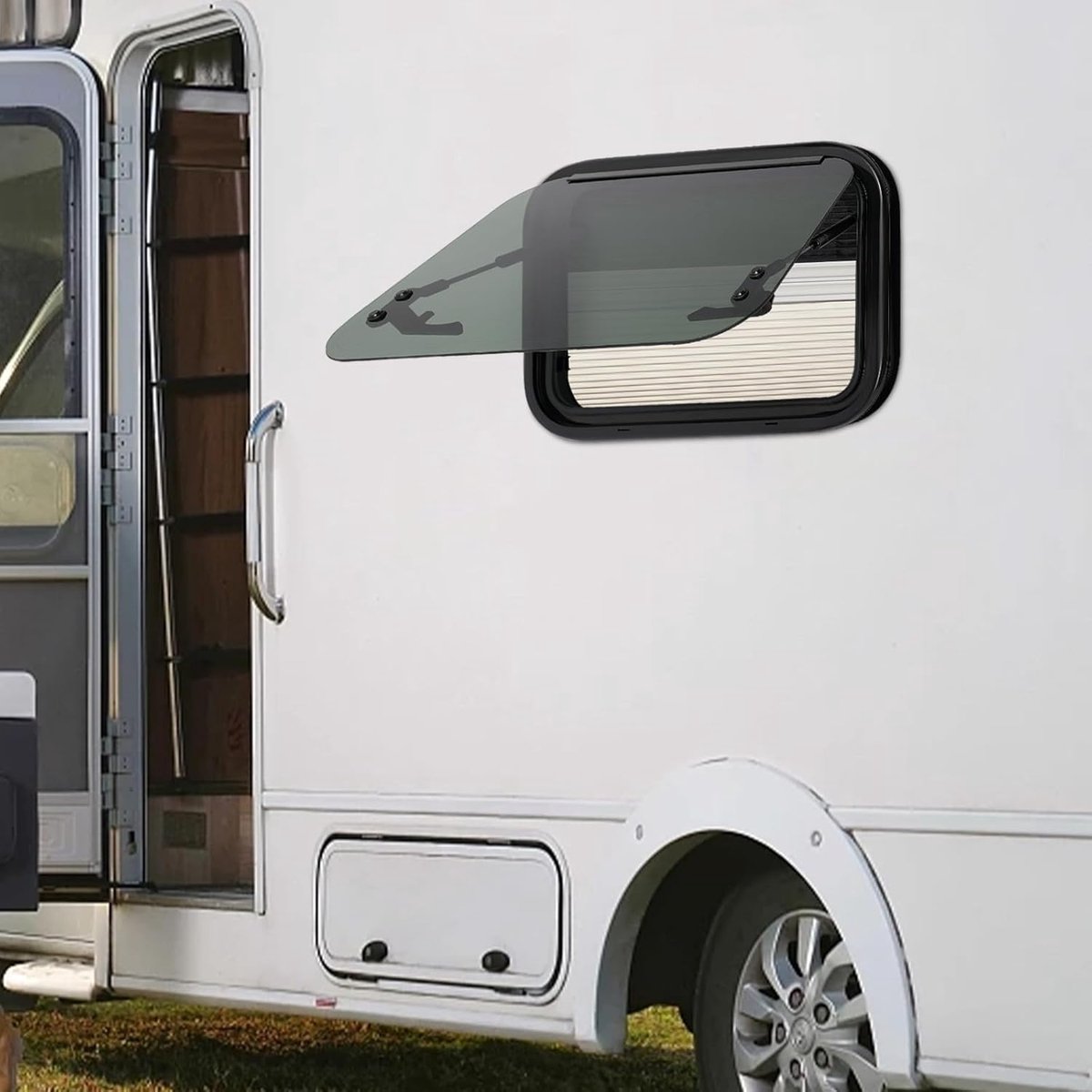 Schuifraam, 500 x 350 mm, caravanraam met insectenbescherming en zonwering, afgerond zijraam, zwart, schuif, camper, uitzetraam, camperraam, voor camper, caravan