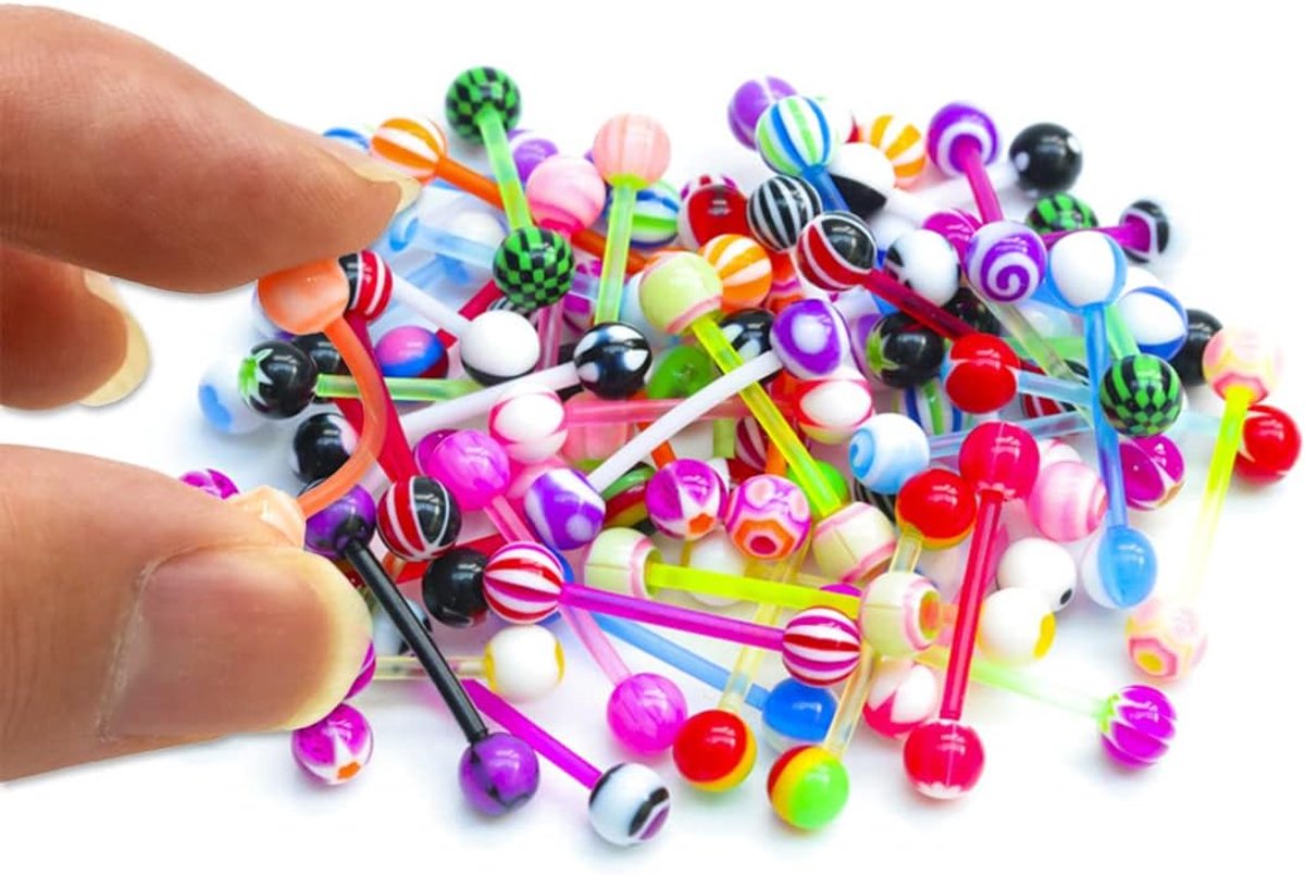 Tongpiercing tepelpiercing set van kunststof, 16mm, 14G, flexibel, kunststof, lange stang, 24 stuks