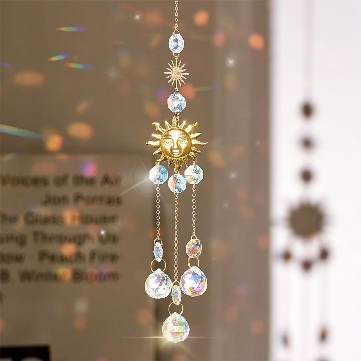 Zonnevanger, kristal, 43 cm, om op te hangen, regenboog, zonnevanger, kristal, raamdecoratie, hangend kristal voor ramen, huis (A)