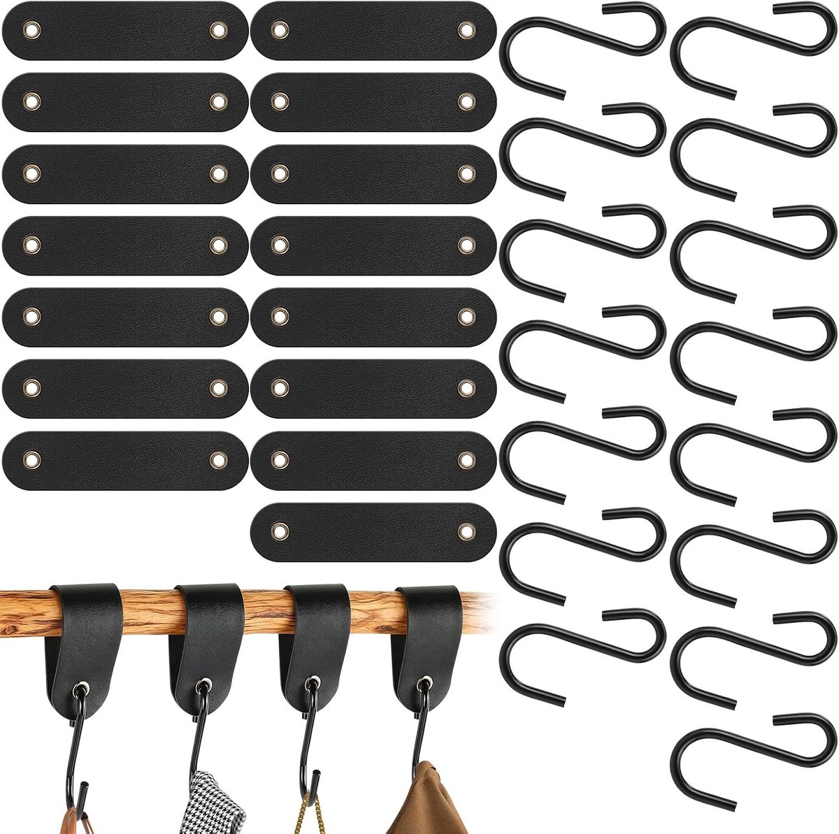 S haken set 15 stuks - zwarte leren lus - stevige metalen haken - ideaal voor kleding en handdoeken - SnelShoppen