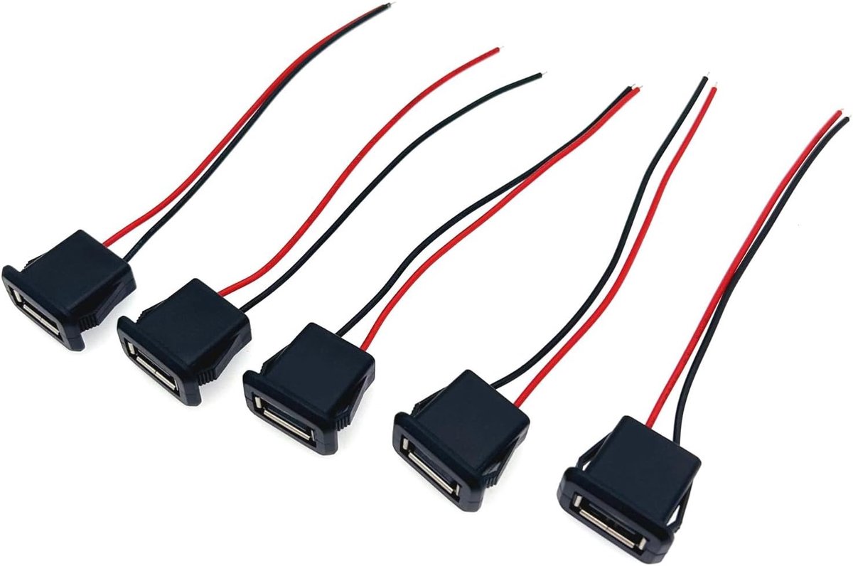 Set van 5 USB Female 2-draads connectoren met klikgroefgesp - 3A, 2-pins configuratie