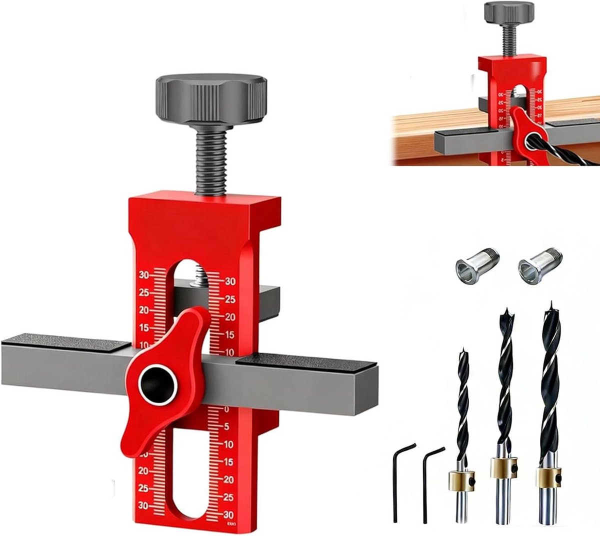 2-in-1 montagehulp voor kastdeuren, kastdeur, positioneerset met 3 boren, aluminiumlegering, instelbare kastdeurinstallatie, positionering voor exacte boringen, houtwerkgereedschap (rood)