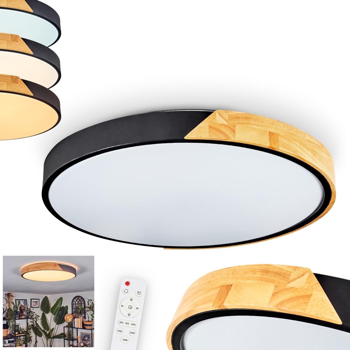 LED plafondlamp Cadaixo, plafondlamp van metaal/hout/kunststof in naturel/zwart/wit, modern armatuur (Ø 49,5cm), CCT instelbaar, afstandsbediening, eetkamer, woonkamer, keuken, slaapkamer