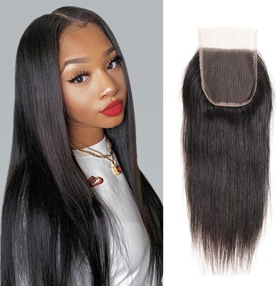 Straight Hair Lace Frontal Closure Braziliaans Virgin 4 * 4 Lace Frontal Closure Free Part Steil 100% Menselijk Haar Steil Natural Black Human Hair Extension (10 Inch/25 cm)