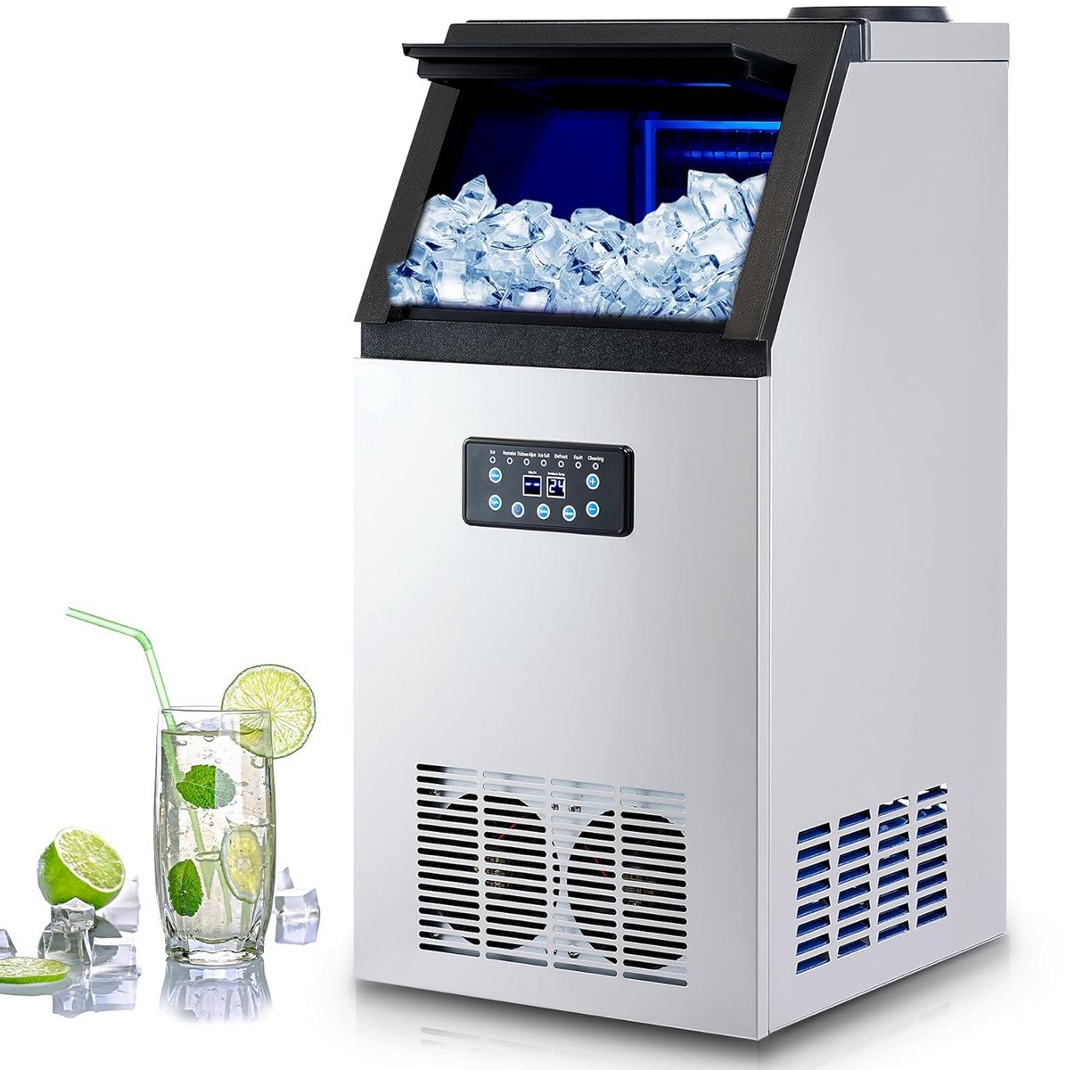 Commerciële ijsblokjesmaker machine 32 kilo/dag, Industriële automatische ijsblokjesmachine, RVS, ijsopslag 10 kilo, 36-ijsblokjes auto clean voor thuis, kantoor, restaurant, bar, café