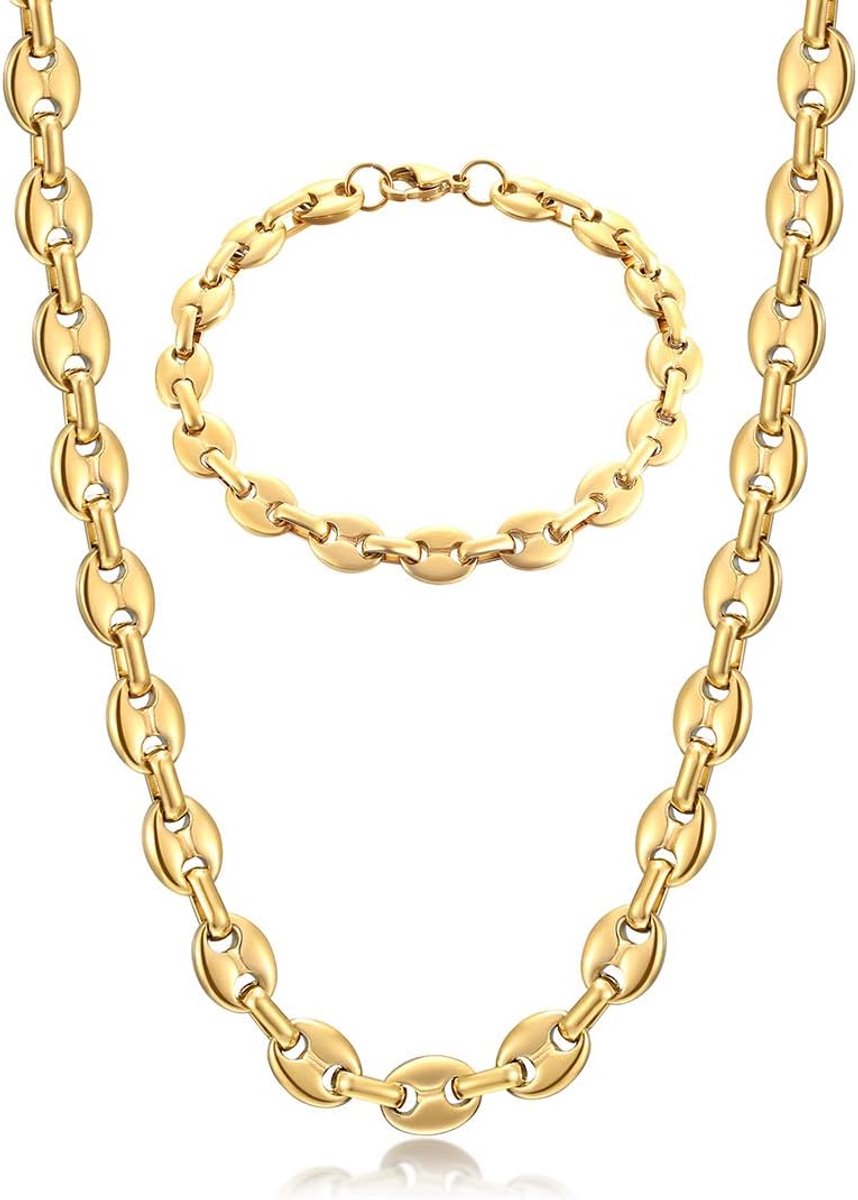 Ketting voor heren, halsketting en armband van roestvrij staal, 6 mm, 9 mm, 11 mm, zilver/goud/zwart, Roestvrij staal, Geen edelsteen