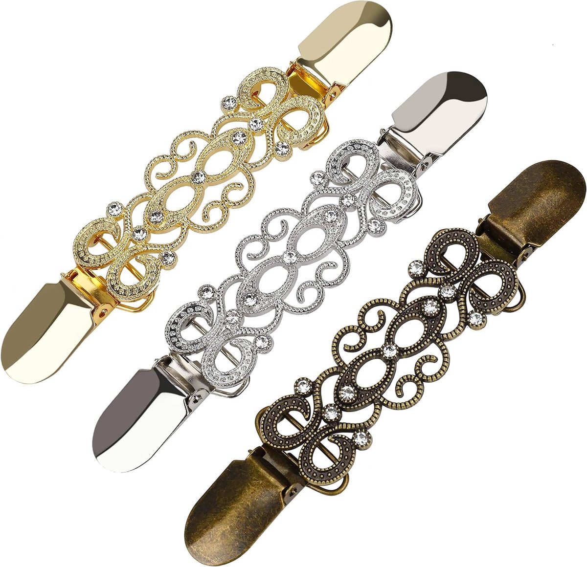 Clips, vintage, strass, 3 stuks, Metaal, zonder steen