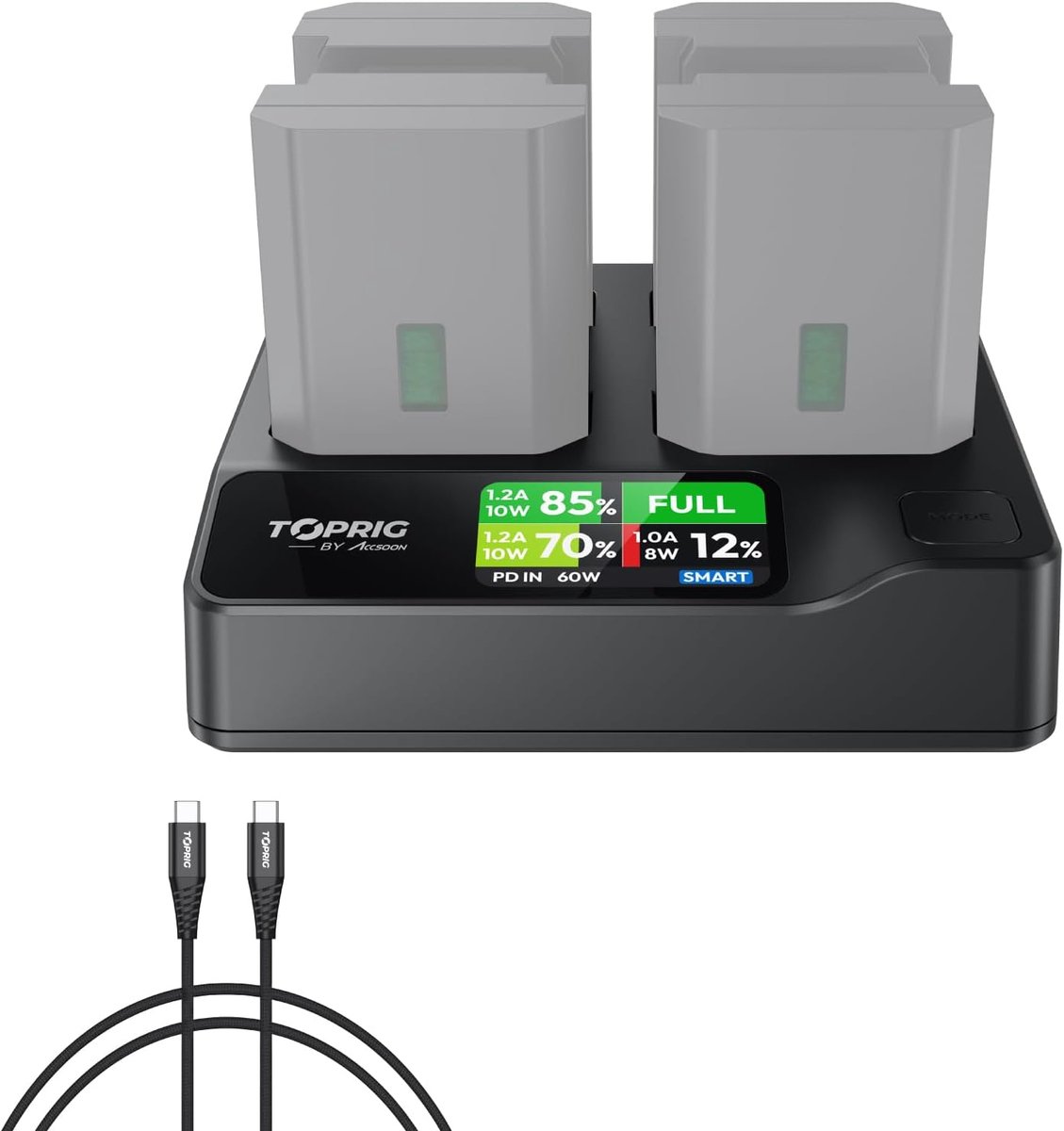 Camera acculader 4 kanaals - USB-C PD 60W snelladen - LCD-display - Geschikt voor Sony NP-FZ100 - SnelShoppen