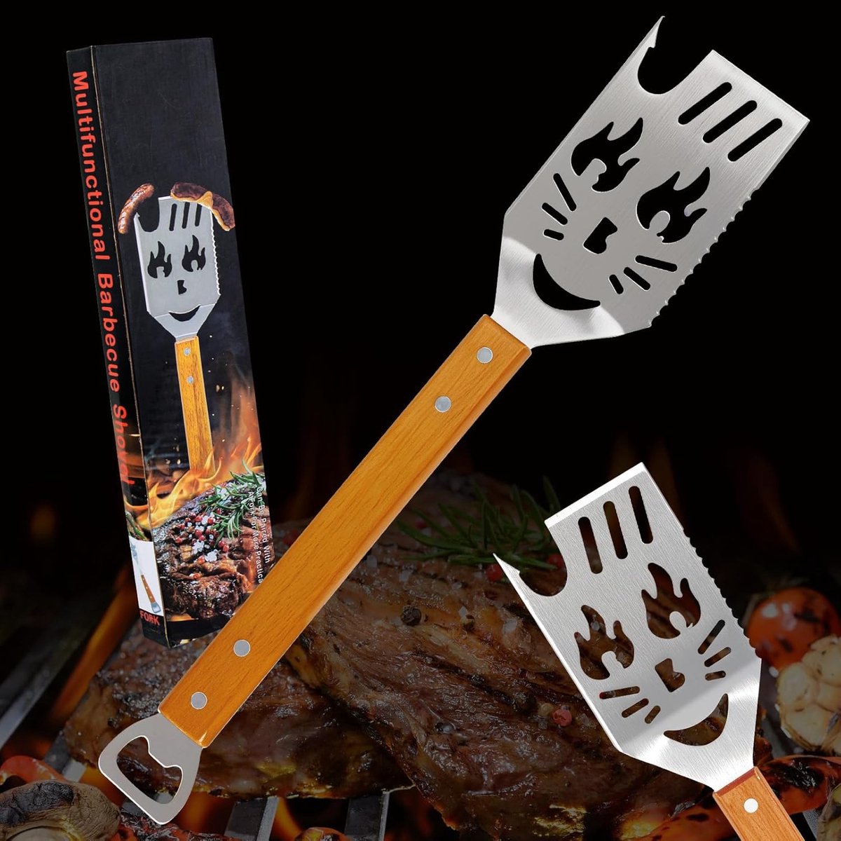 Grillspatel 8-in-1 - Houten handvat - Roestvrij staal - Veilig en duurzaam grillen - SnelShoppen