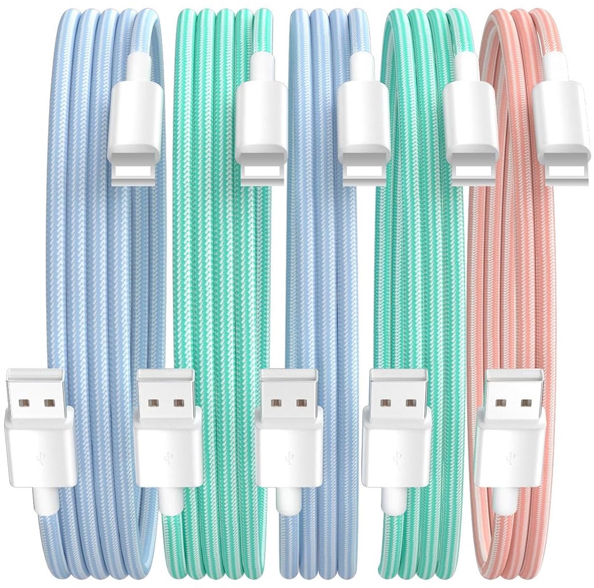 USB A voor telefoon opladen kabel - 5-pack, nylon gevlochten - snelladen voor iPhone 14/13/12/11 - SnelShoppen