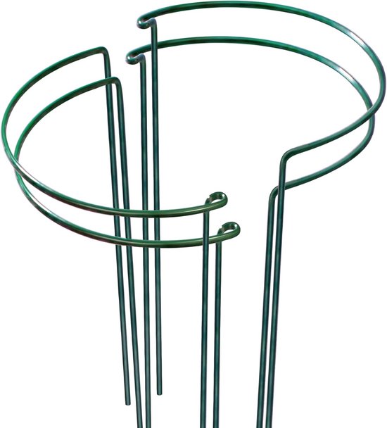 Groene plantensteunen, bestaande uit een open cirkel met drie steunpootjes.
