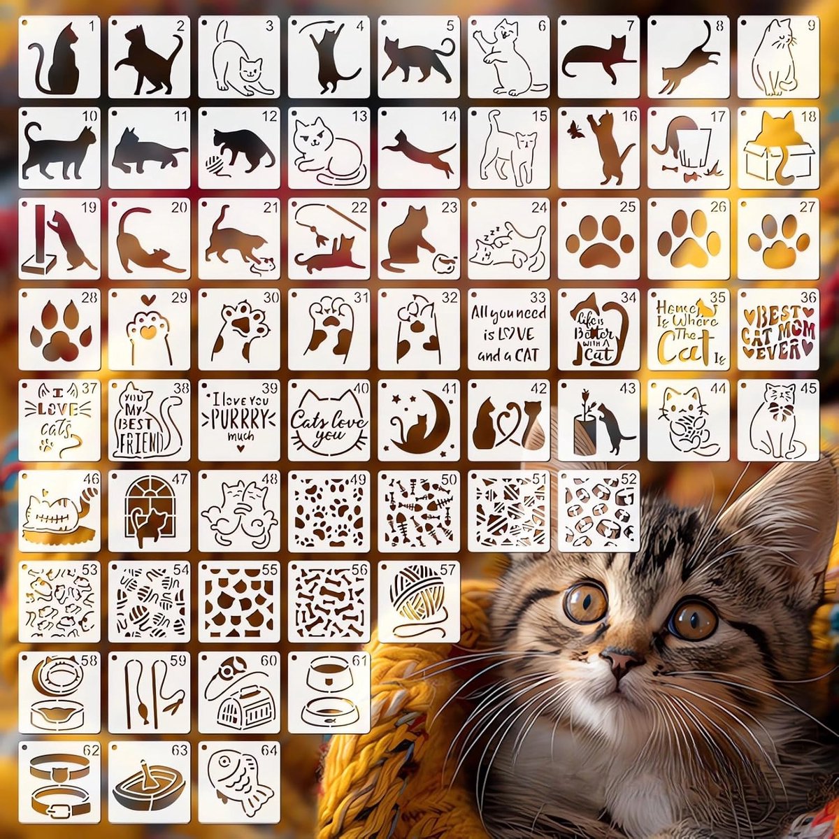 Kattensjablonen 3 inch - 64 herbruikbare dierensjablonen - veilig en niet giftig - perfect voor creatieve projecten - ShopVlot