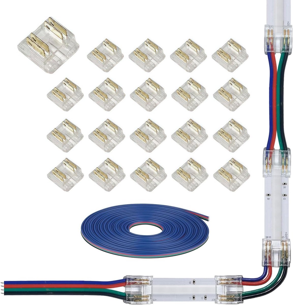 LED Strip Connector Kit 6 Pin - 12mm Solder-vrij - 20 Stuks + 3m Kabel - Geschikt voor RGBW Strips - ShopVlot