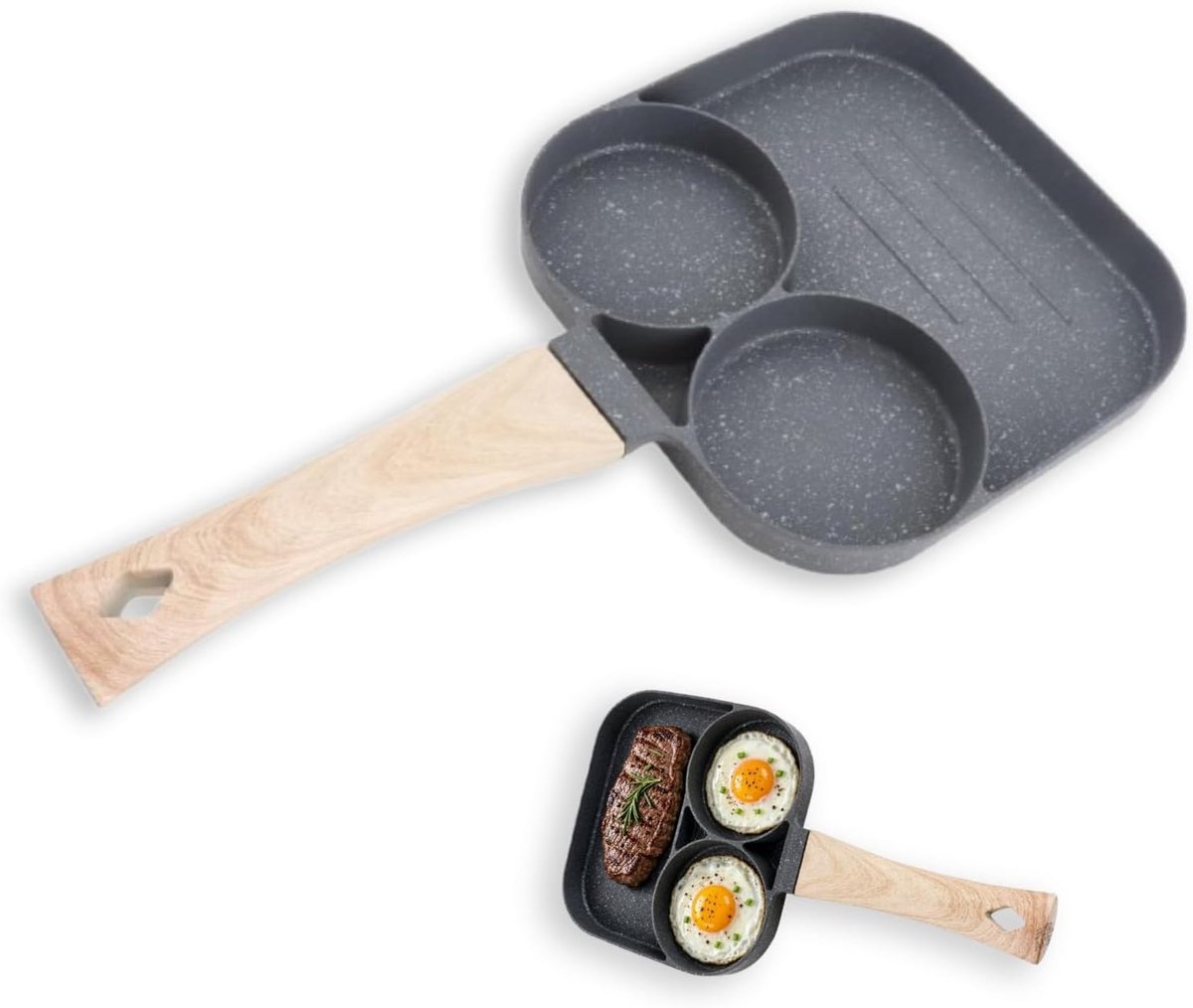 Eierpan met 2 ronde cups - 3-delige set - houten handvat - perfect voor een snel ontbijt - ShopVlot