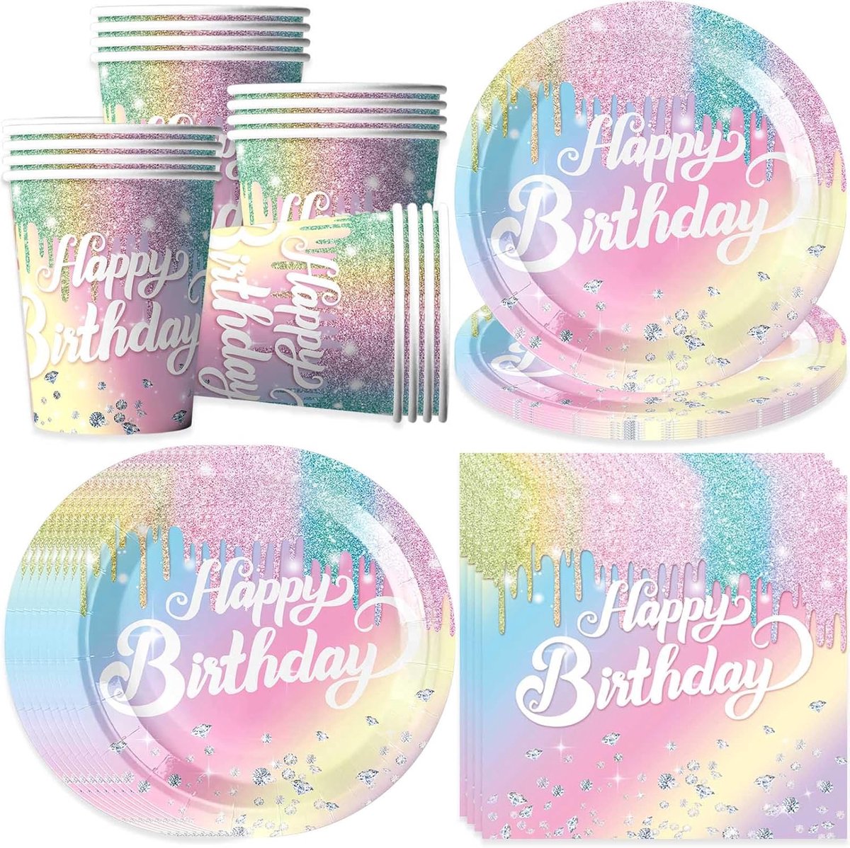 Feestservies set - kleurrijke diamanten - 16 gasten - ideaal voor verjaardagsfeesten - ShopVlot