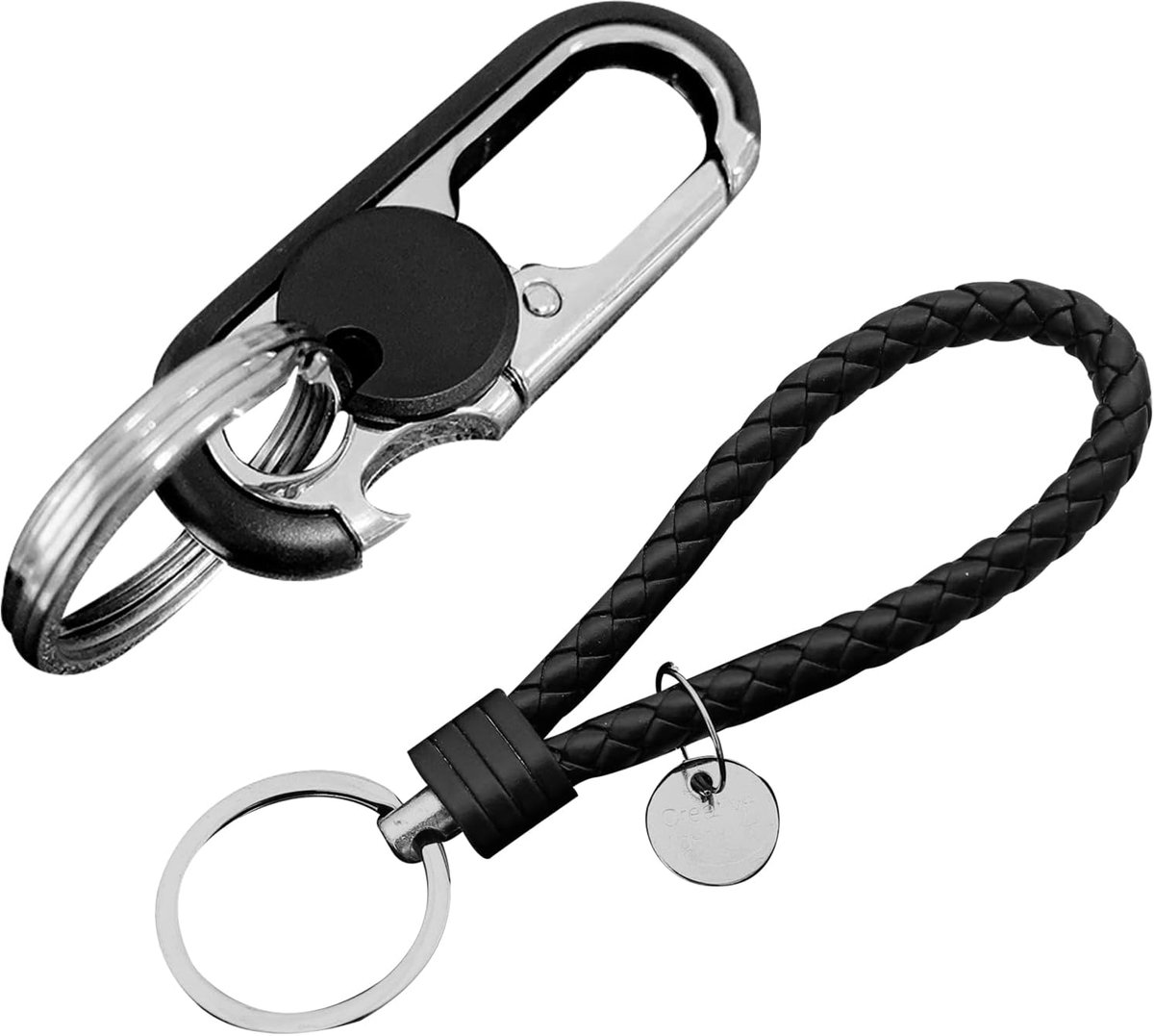 Carabiner haak 2 stuks leer gevlochten autosleutelhanger - zwart - met sleutelhanger - ideaal voor autosleutels - ShopVlot