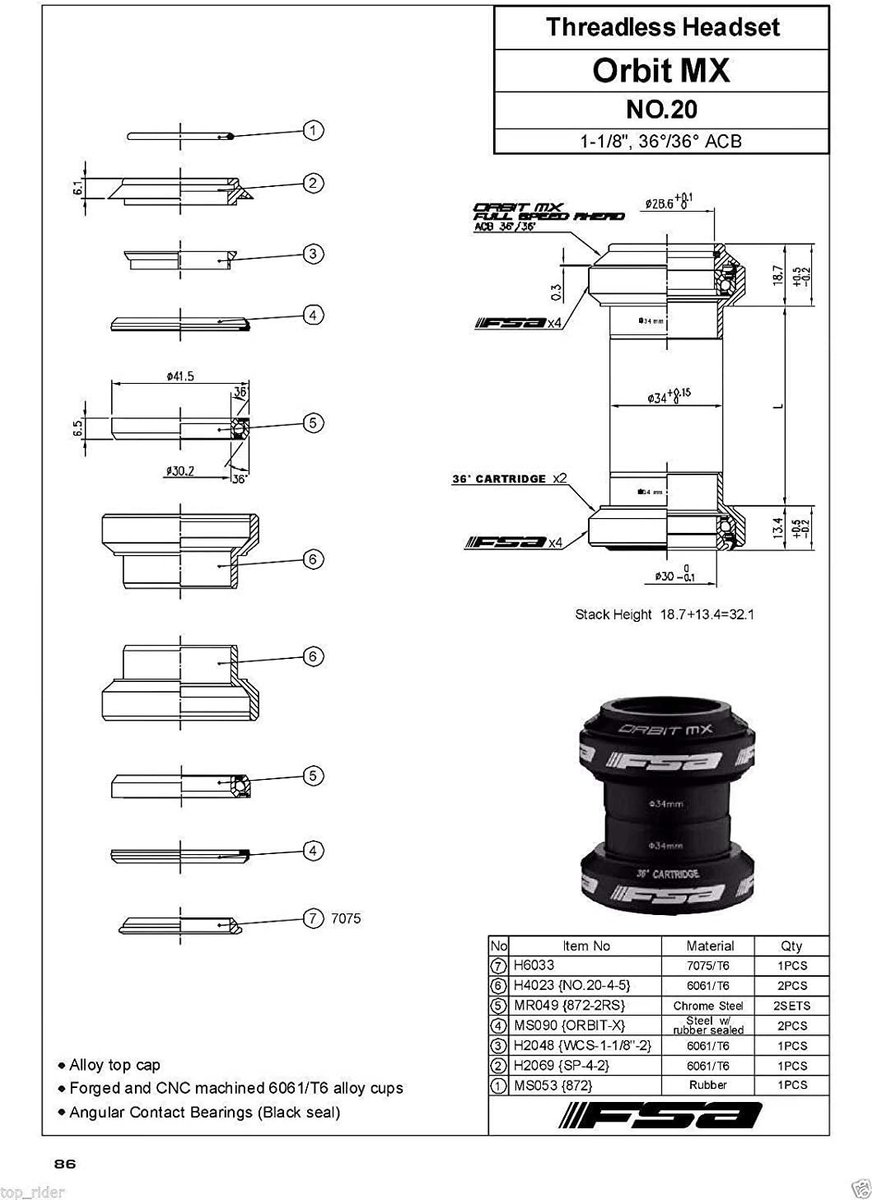 MTB Road headset 1-1/8" - Grijze 6061/T6 aluminium cups - ACB 36°/36° - Inclusief top cap - ShopVlot