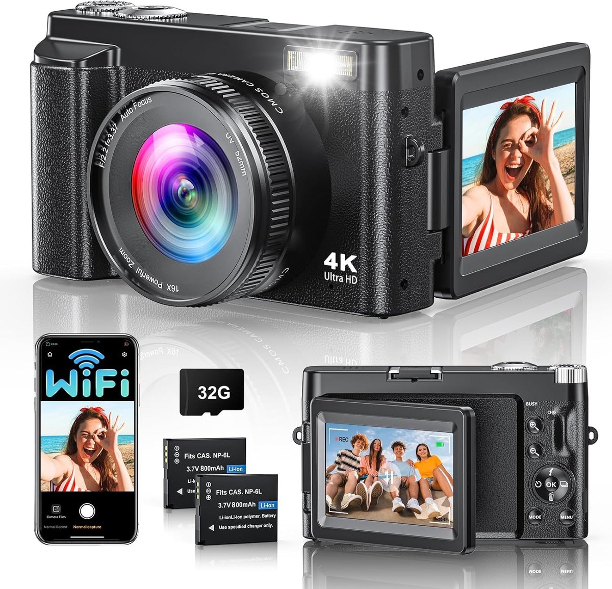 Digitale camera 4K 64MP - Wifi compactcamera met 16x digitale zoom - 180° flipscreen voor vloggers - ShopVlot