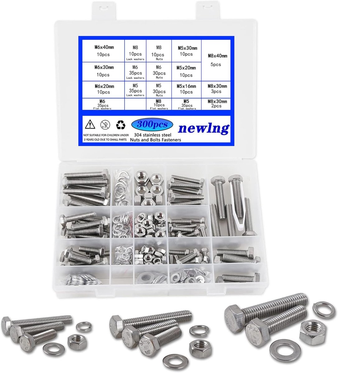 Bouten en moeren set M5 M6 M8 - RVS 304 - 300 stuks - Inclusief vlakke en veer washers - SnelShoppen